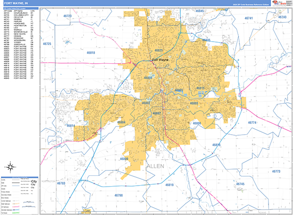 Fort Wayne City Wall Map Basic Style